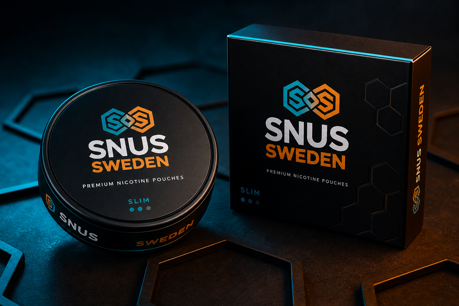 SNUS SWEDEN product station — tin and retail box on dark studio