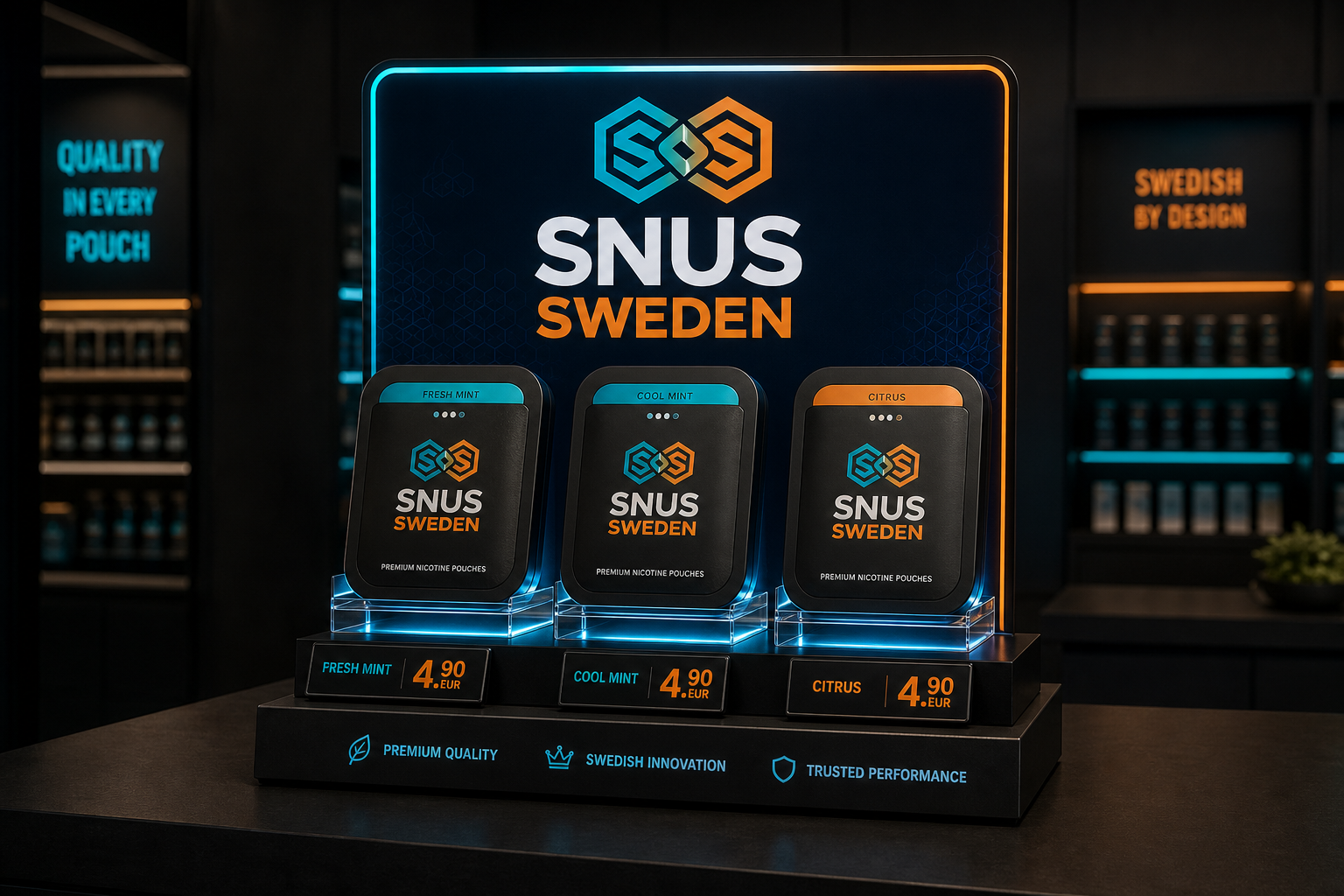 SNUS SWEDEN retail POS display with Dual Hex header