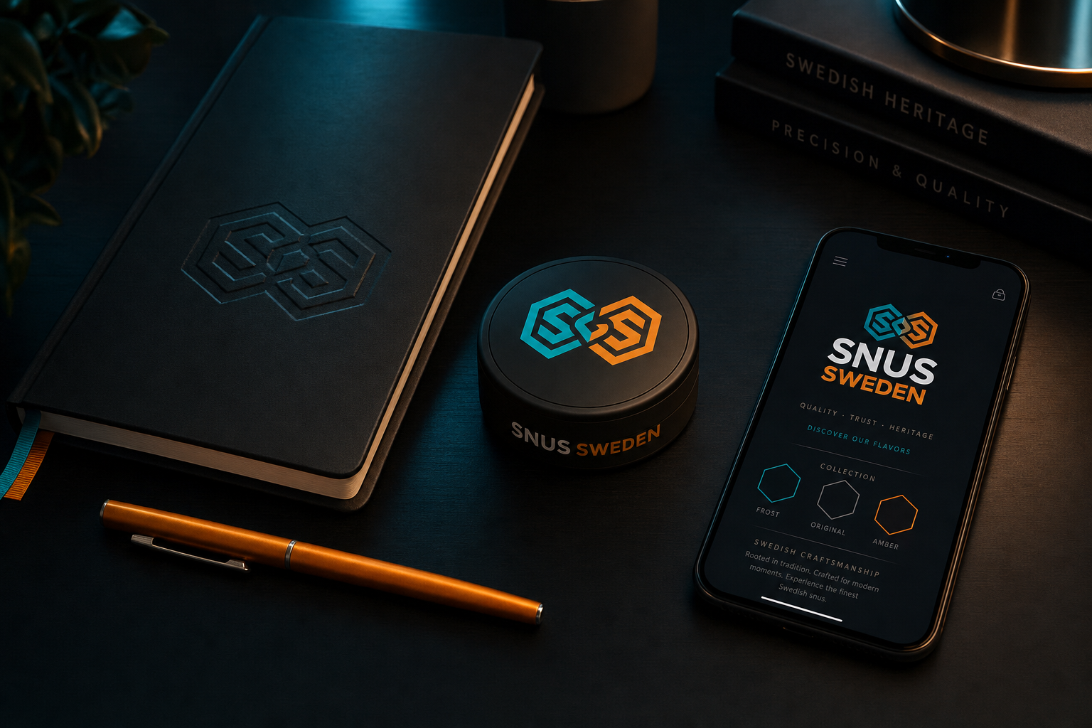 SNUS SWEDEN lifestyle desk station with tin, notebook, and app