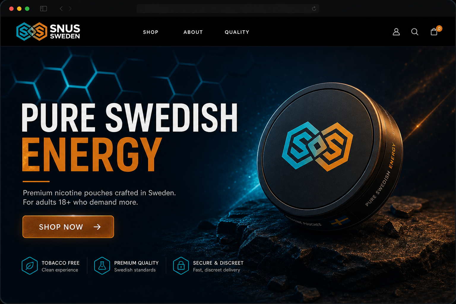 SNUS SWEDEN website hero — Dual Hex logo, dark navy stage, amber CTA, product tin