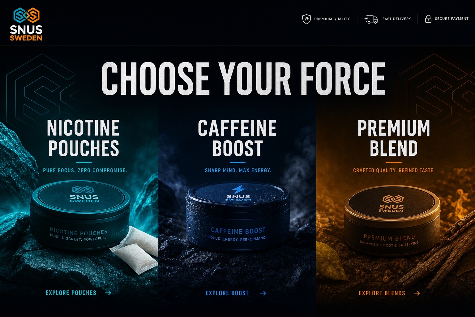 SNUS SWEDEN category panels — Nicotine Pouches, Caffeine Boost, Premium Blend