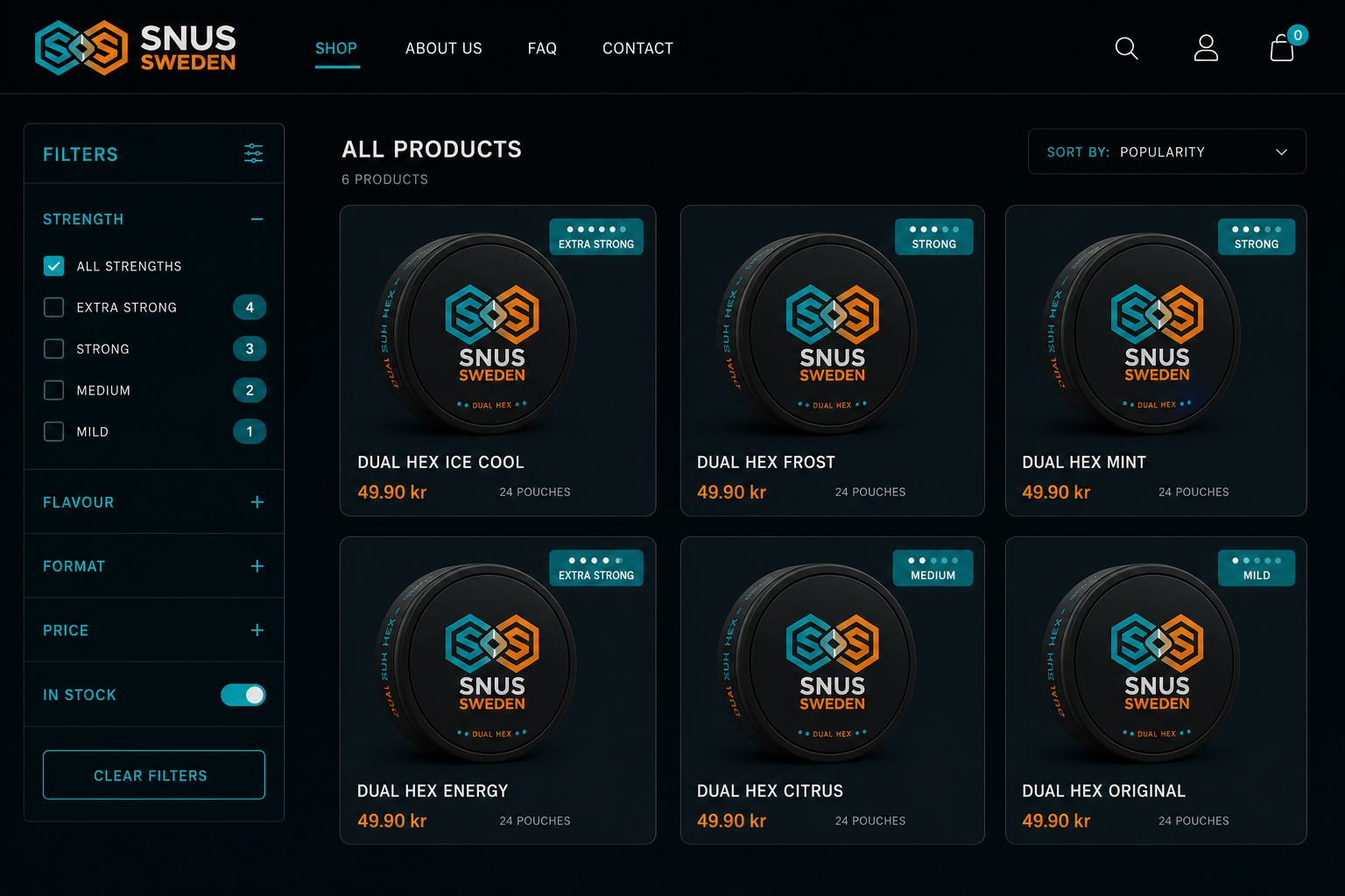 SNUS SWEDEN shop grid with filters and Dual Hex product tins
