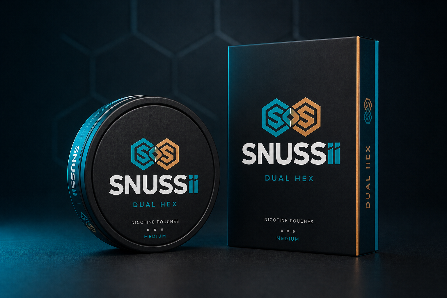 SNUSSII product station — tin and retail box on dark studio