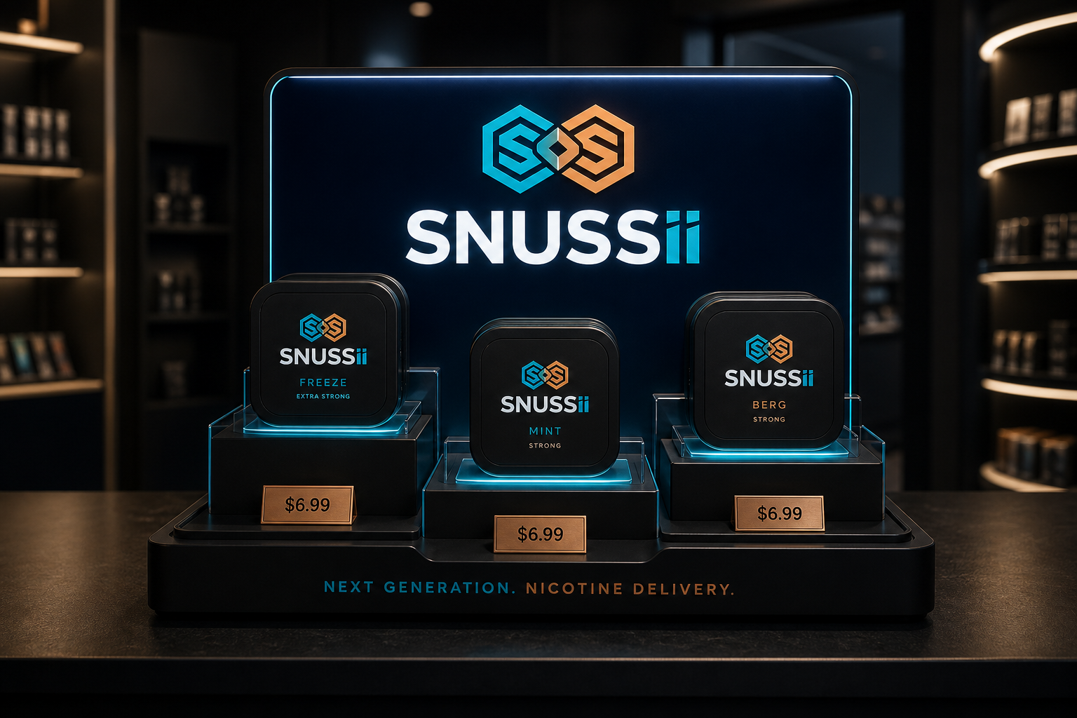 SNUSSII retail POS display with Dual Hex header