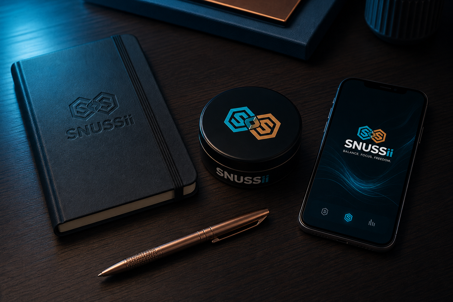 SNUSSII lifestyle desk station with tin, notebook, and app
