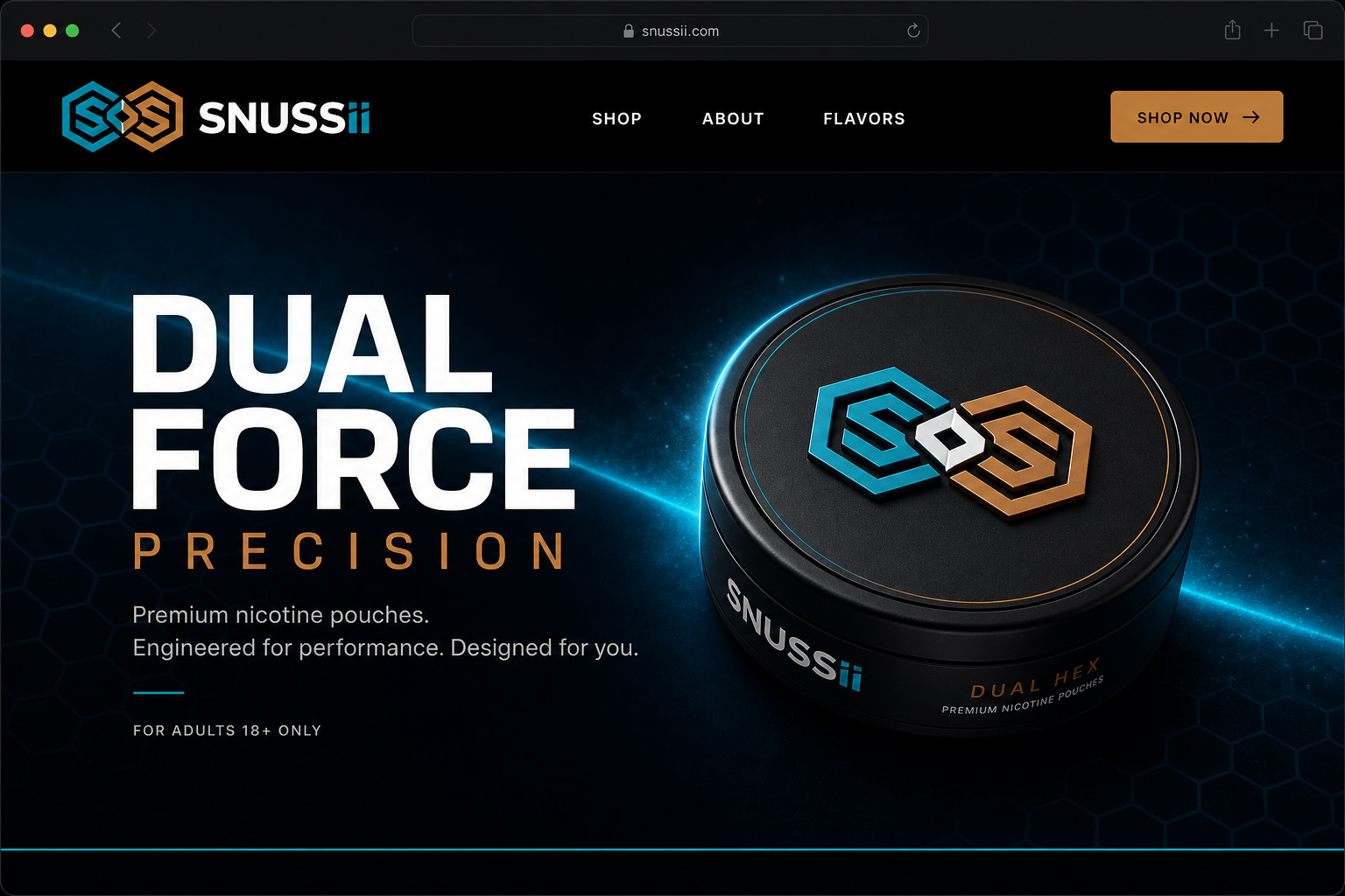 SNUSSII website hero — Dual Hex logo, dark navy stage, copper CTA, product tin
