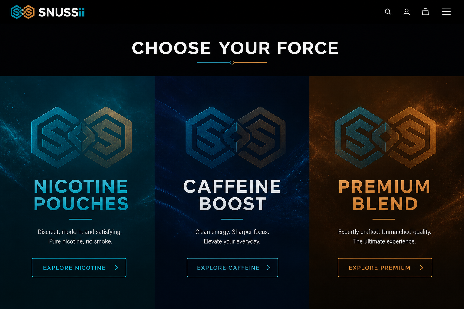 SNUSSII category panels — Nicotine Pouches, Caffeine Boost, Premium Blend