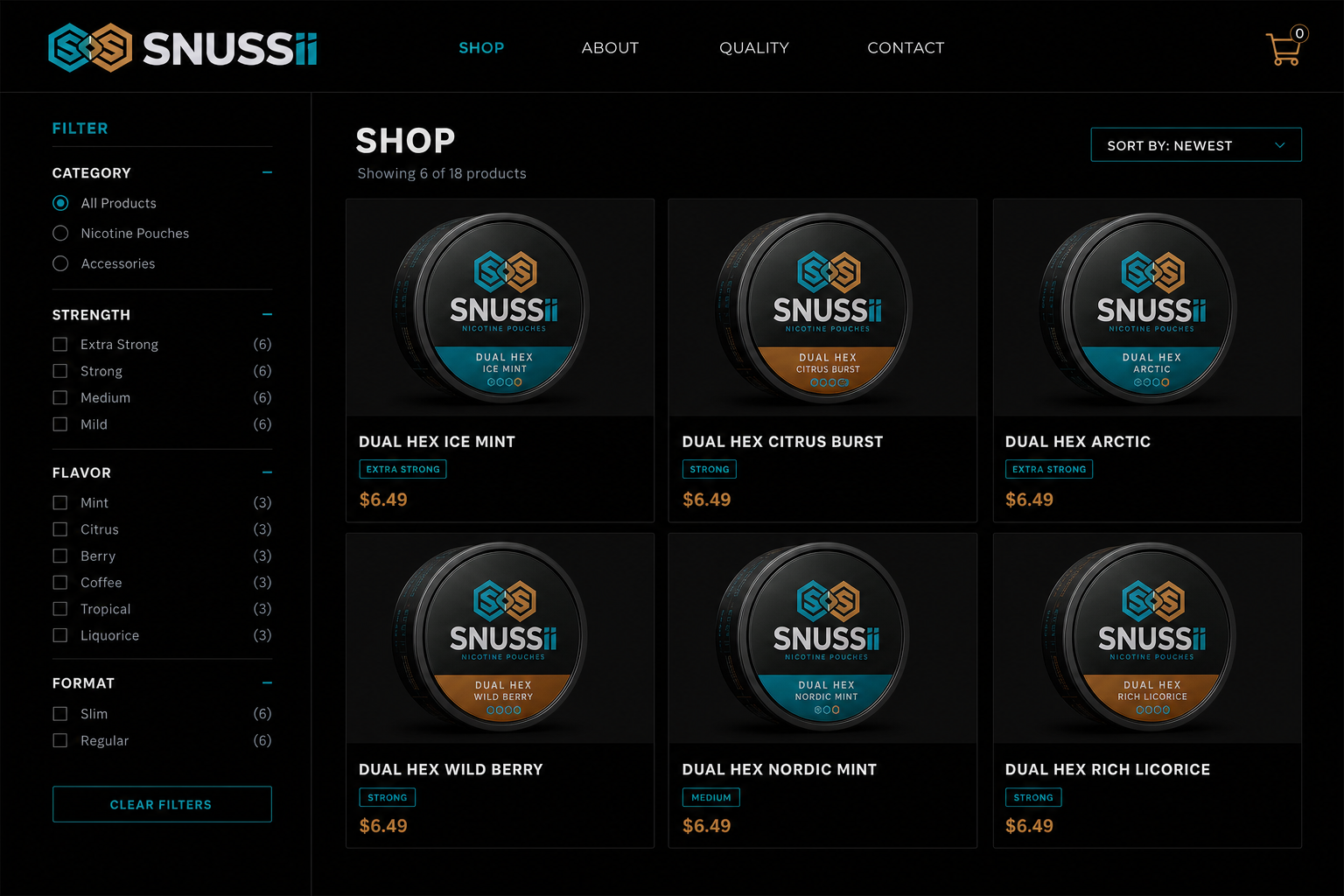 SNUSSII shop grid with filters and Dual Hex product tins