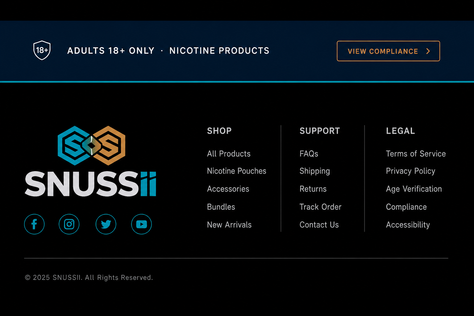 SNUSSII 18+ compliance strip and black footer