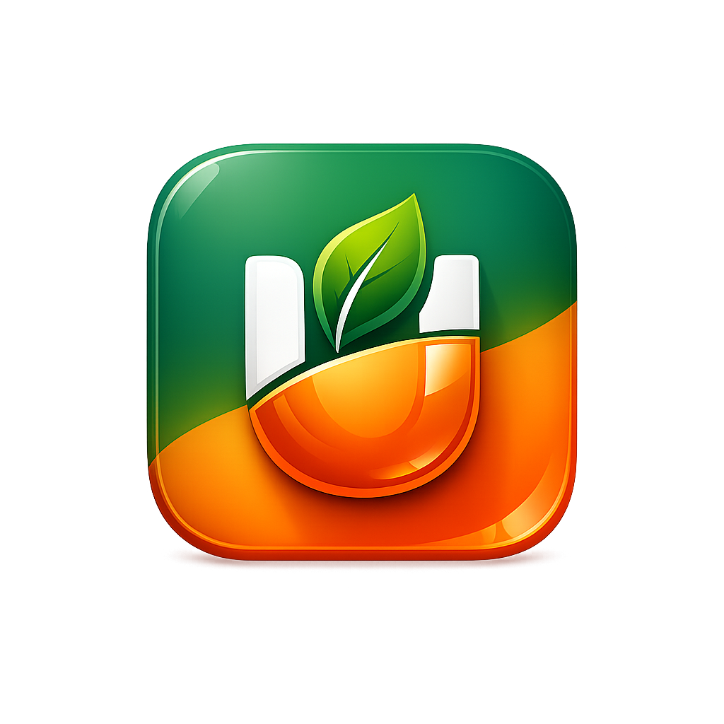 SNUSSI app icon — rounded square with U-shaped mark, green leaf, and orange base on green-orange split background