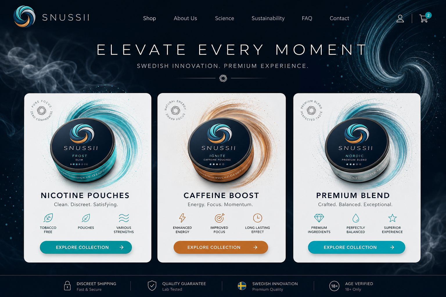 Three category cards — Nicotine Pouches, Caffeine Boost, Premium Blend
