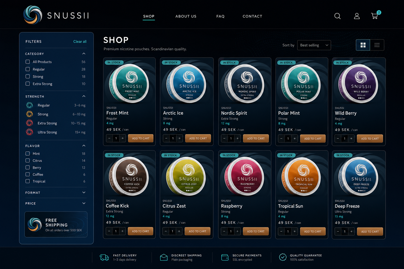 Shop grid with filters, vortex badges, cyan tags