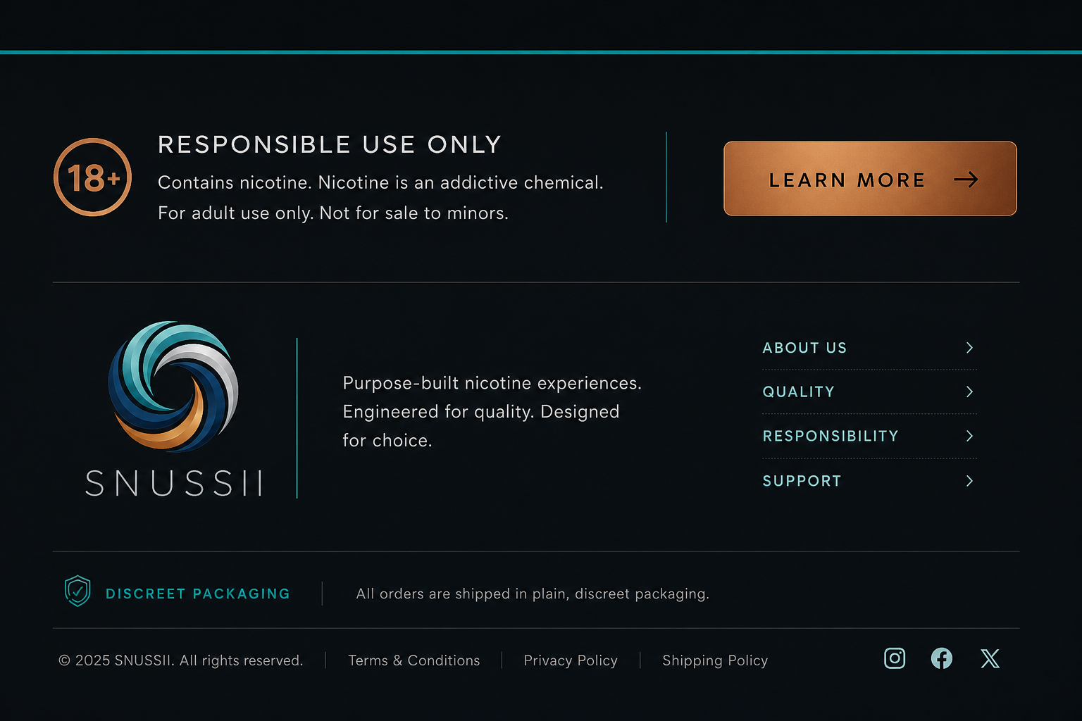Compliance strip and black footer with cyan accent line
