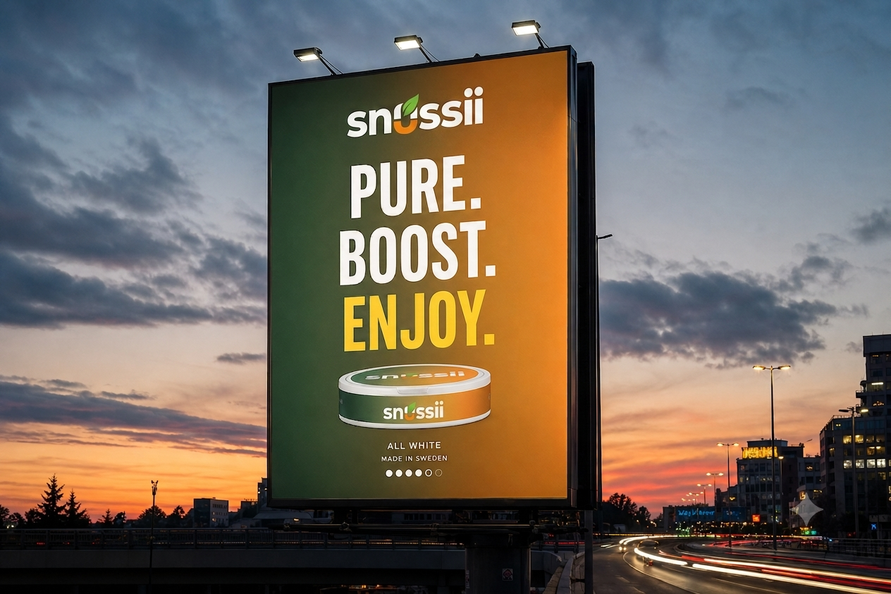 SNUSSI outdoor billboard — Pure Boost Enjoy campaign on green-orange gradient