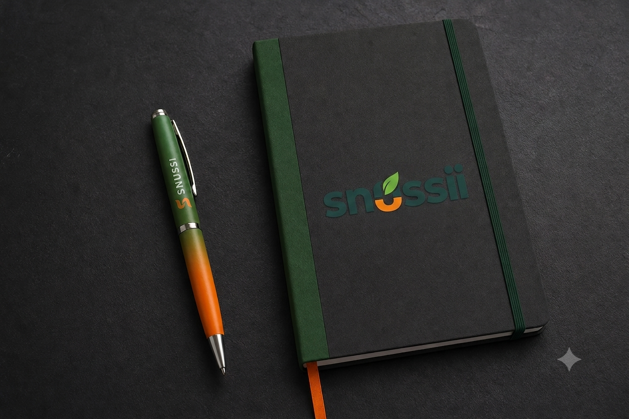 SNUSSI branded corporate pen with green-orange gradient and premium notebook with green spine