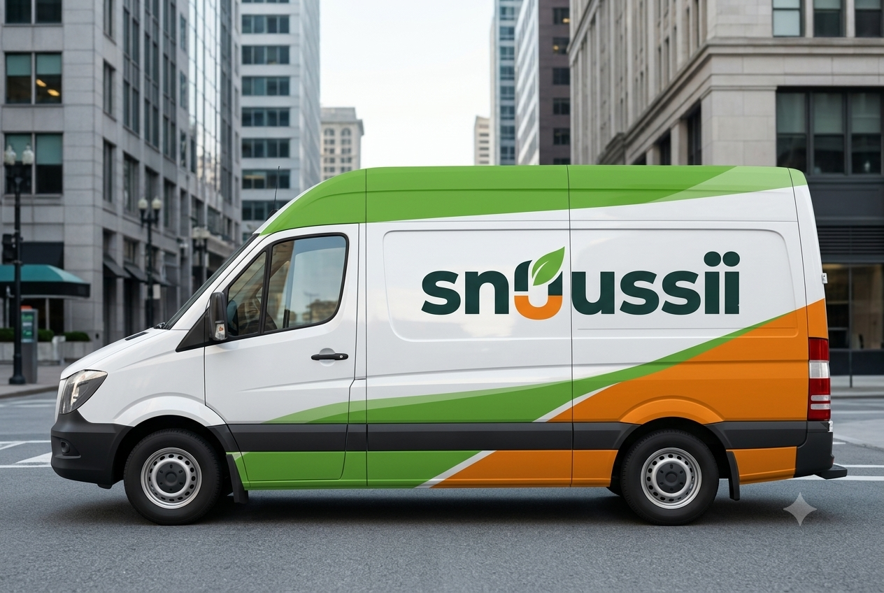 SNUSSI delivery van with large side logo and green-orange stripe