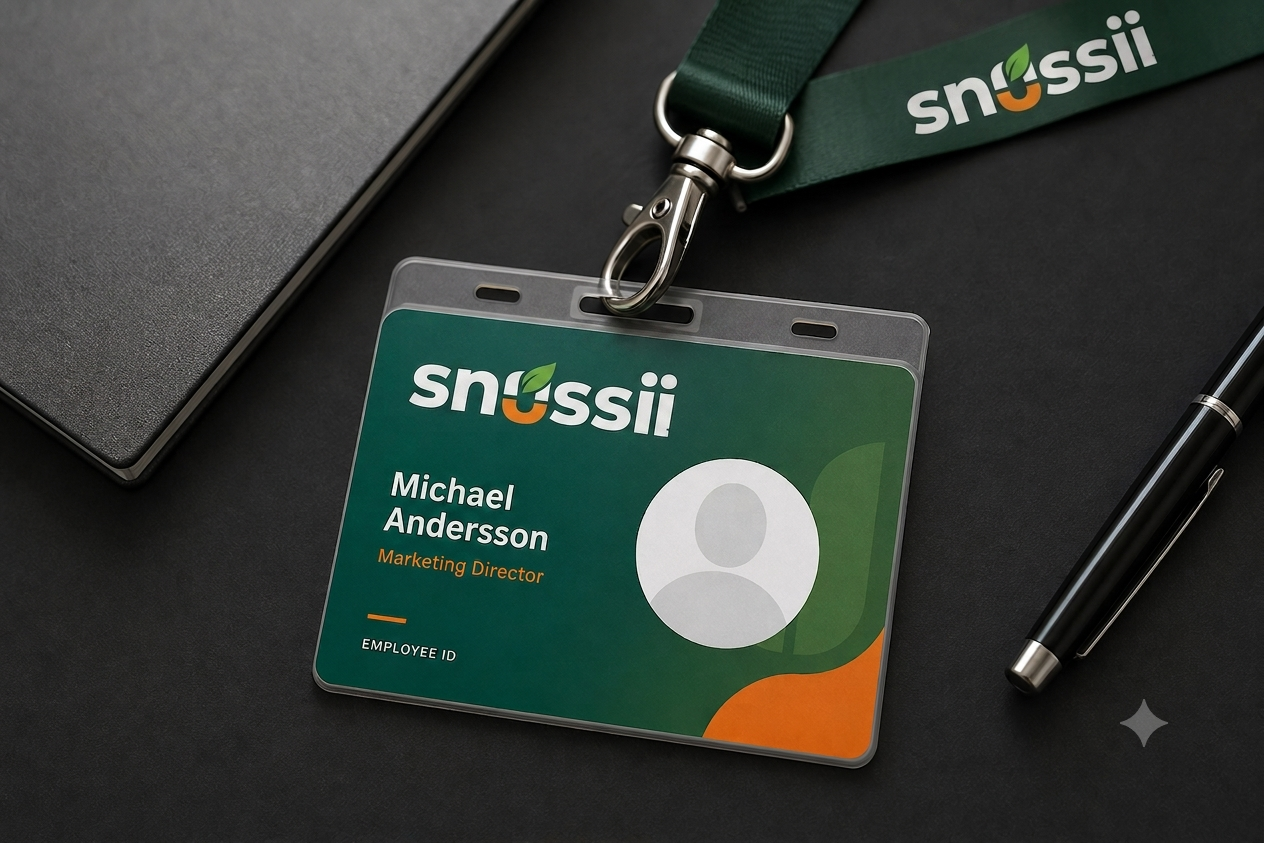 SNUSSI employee ID card with teal-green gradient, photo placeholder, and Michael Andersson details