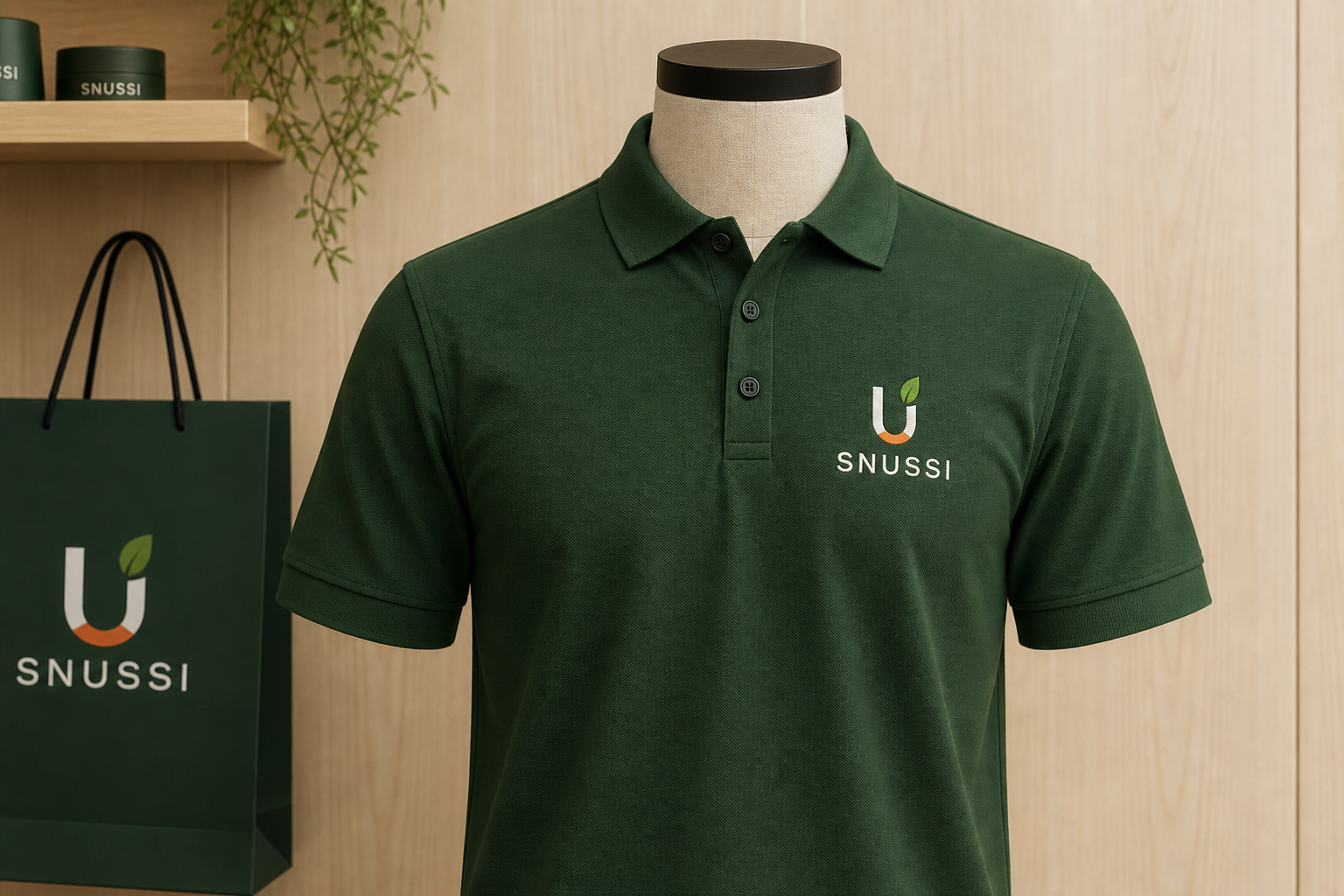 SNUSSI employee uniform — forest green polo with embroidered logo