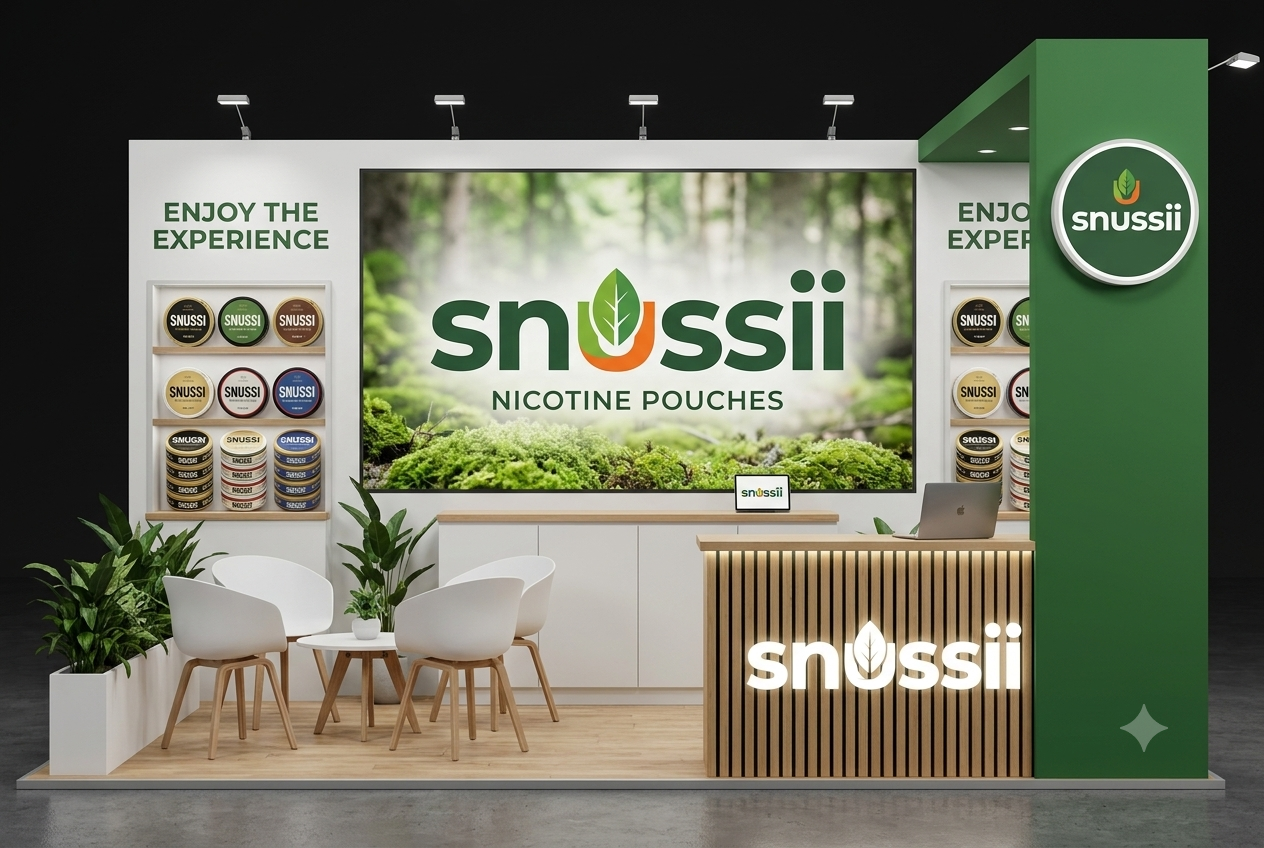 SNUSSI trade show exhibition booth with product displays and brand signage