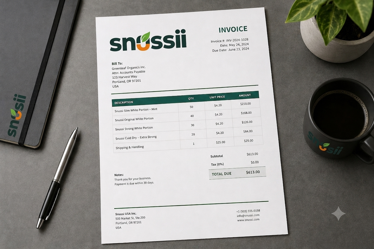 SNUSSI invoice template with green header, line items table, and corporate branding
