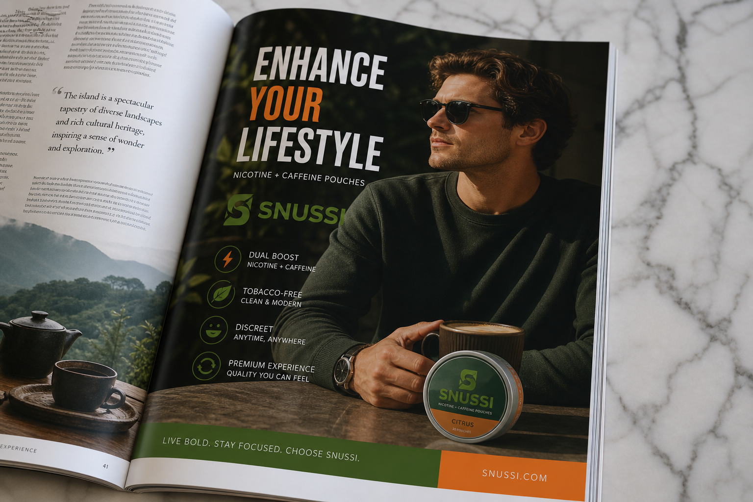 SNUSSI magazine advertisement — Enhance Your Lifestyle editorial layout with product tins