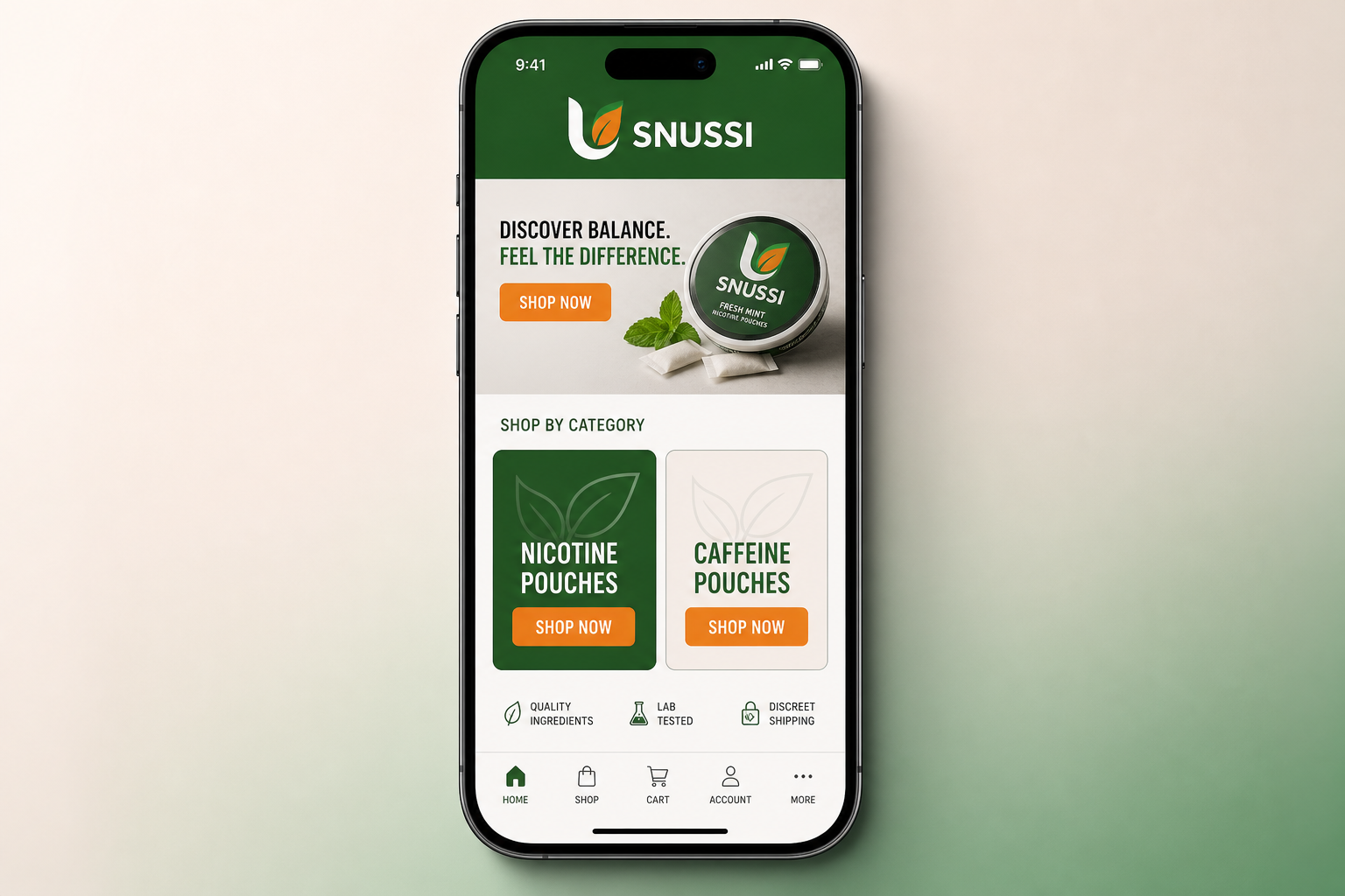 SNUSSI mobile app home screen with green header, product categories, and orange CTA buttons