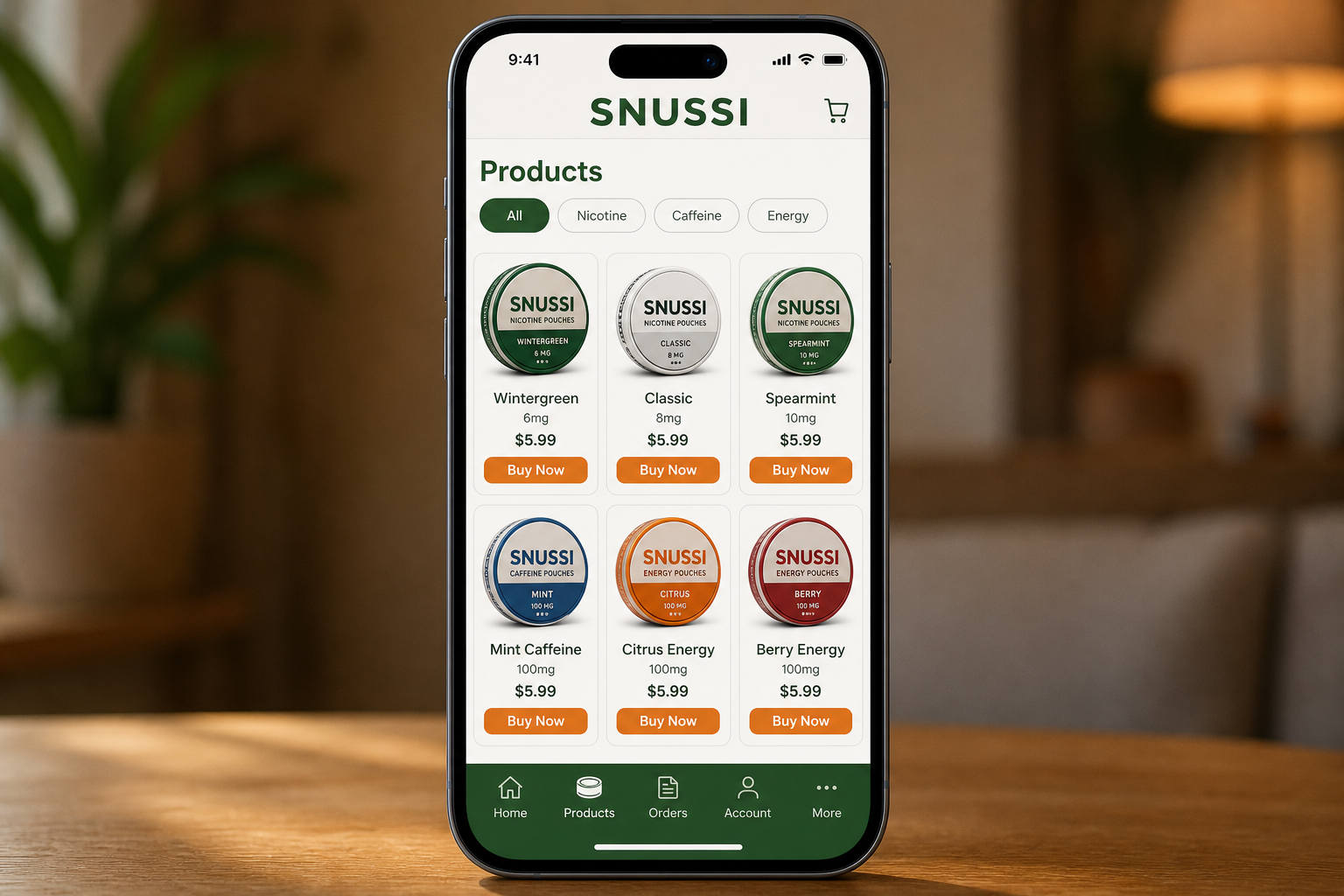 SNUSSI mobile app products screen with pouch tin grid and filter tabs