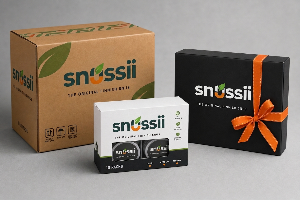 SNUSSI shipping carton, retail display box, and premium gift box with brand logo