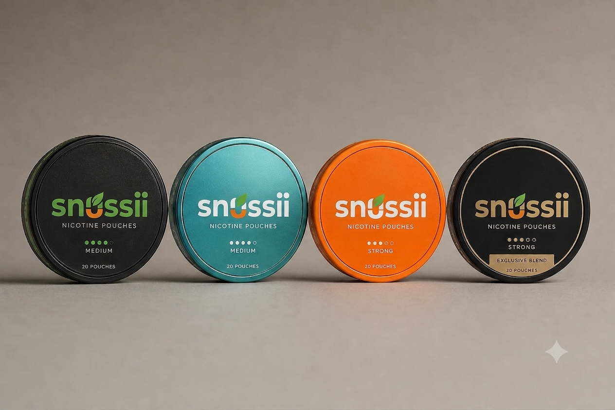 Four SNUSSI product tins — Core charcoal-green, Premium teal, Energy orange, Limited black-beige
