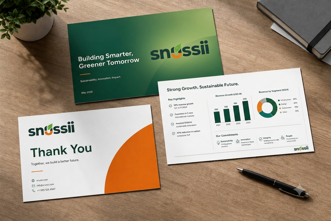 SNUSSI presentation deck — title slide, content slide with charts, and thank you closing slide