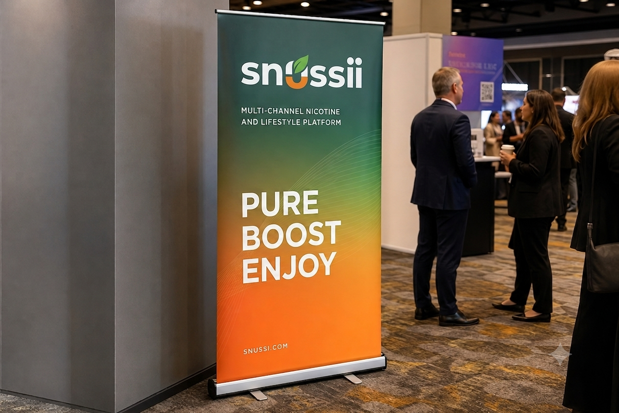 SNUSSI roll-up banner for events with logo and Pure Boost Enjoy tagline