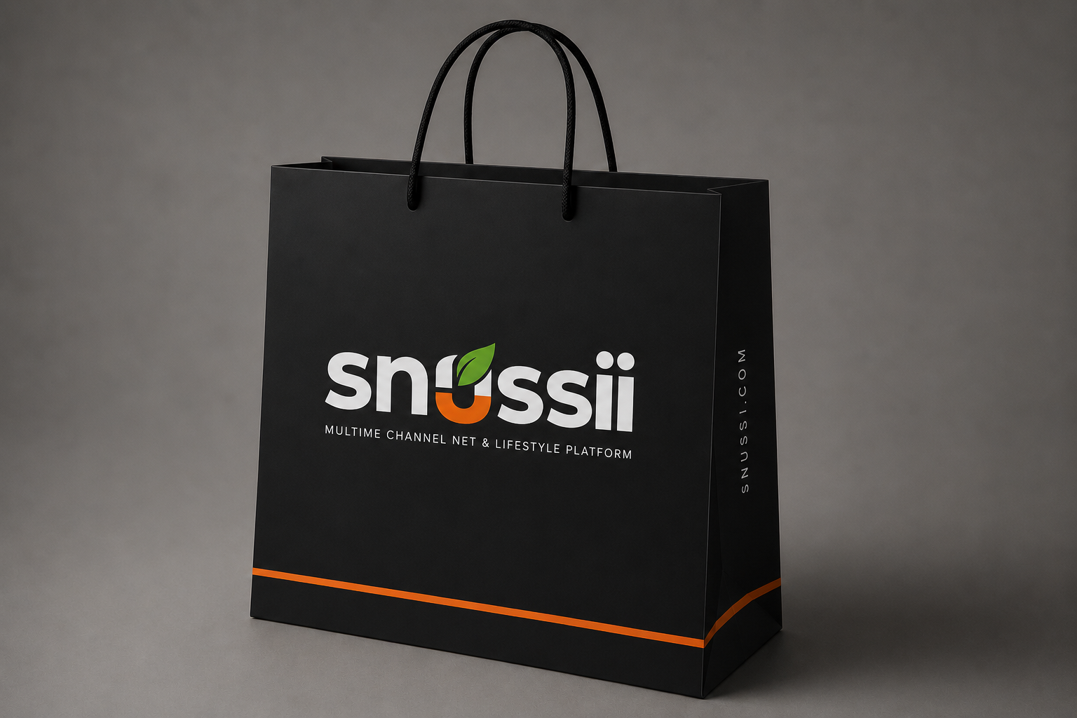 SNUSSI premium shopping bag — matte black with logo and orange accent