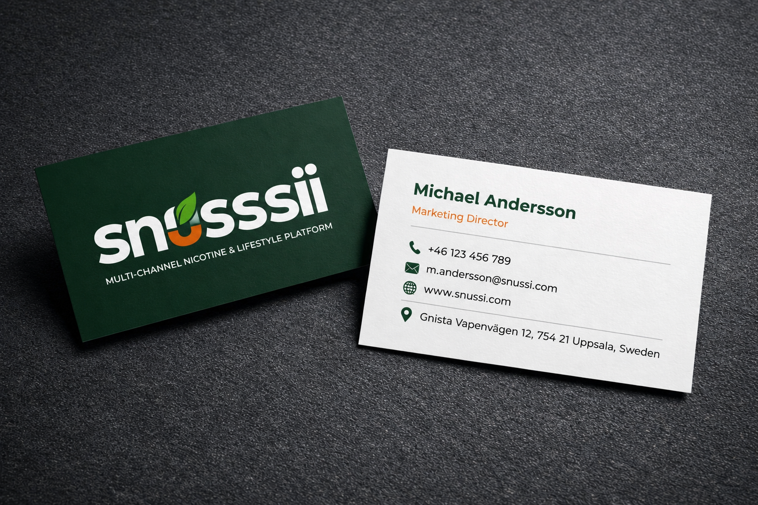 SNUSSI business cards — black front with logo and tagline, white back with Michael Andersson contact details and Uppsala Sweden address