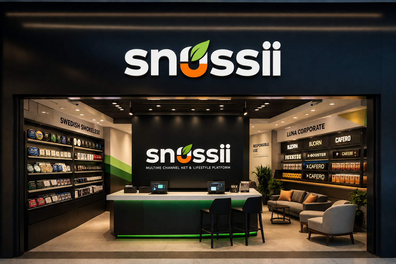 SNUSSI flagship store interior — Swedish Smokeless product wall, Luna Corporate display, consultation counter with POS, and customer lounge area
