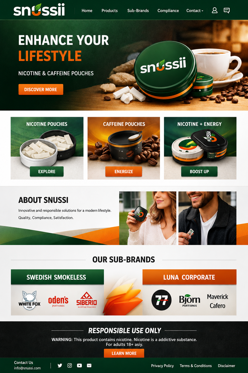 SNUSSI website homepage — Enhance Your Lifestyle hero, nicotine and caffeine pouch categories, sub-brands Swedish Smokeless and Luna Corporate, compliance section